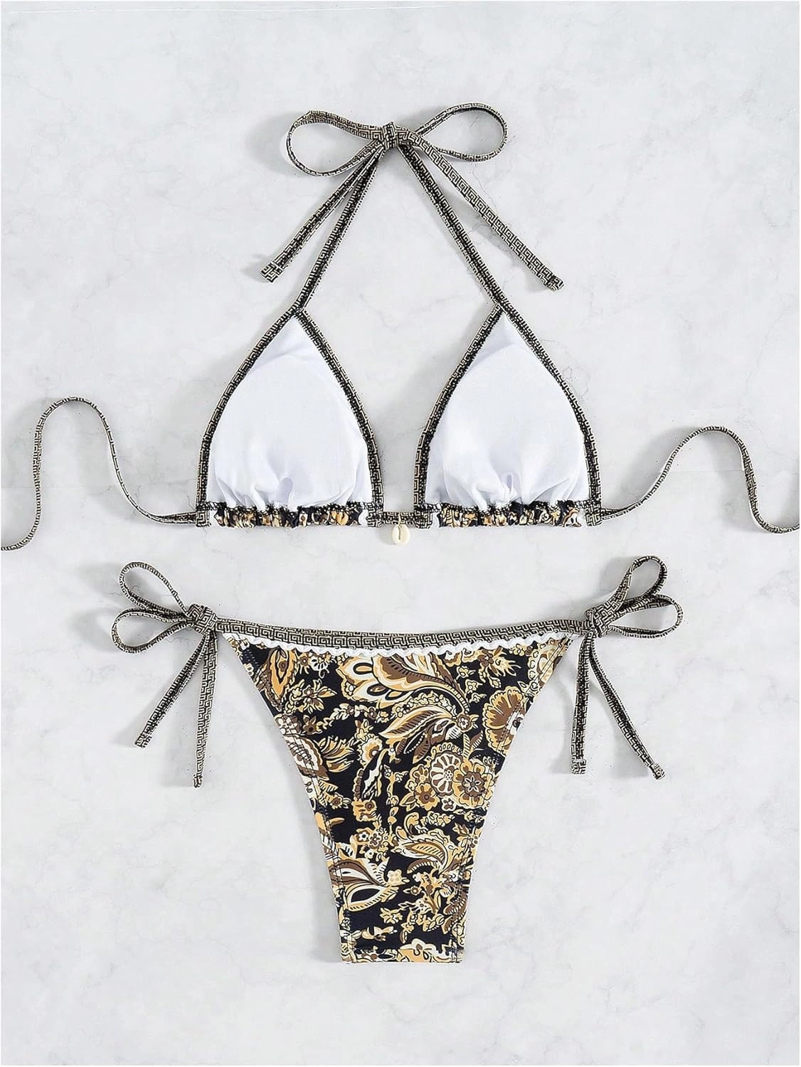 WDIRARA Women's 2 Piece Boho Swimsuits Floral Print Halter String Triangle Bikini Set Beach Bathing Suit