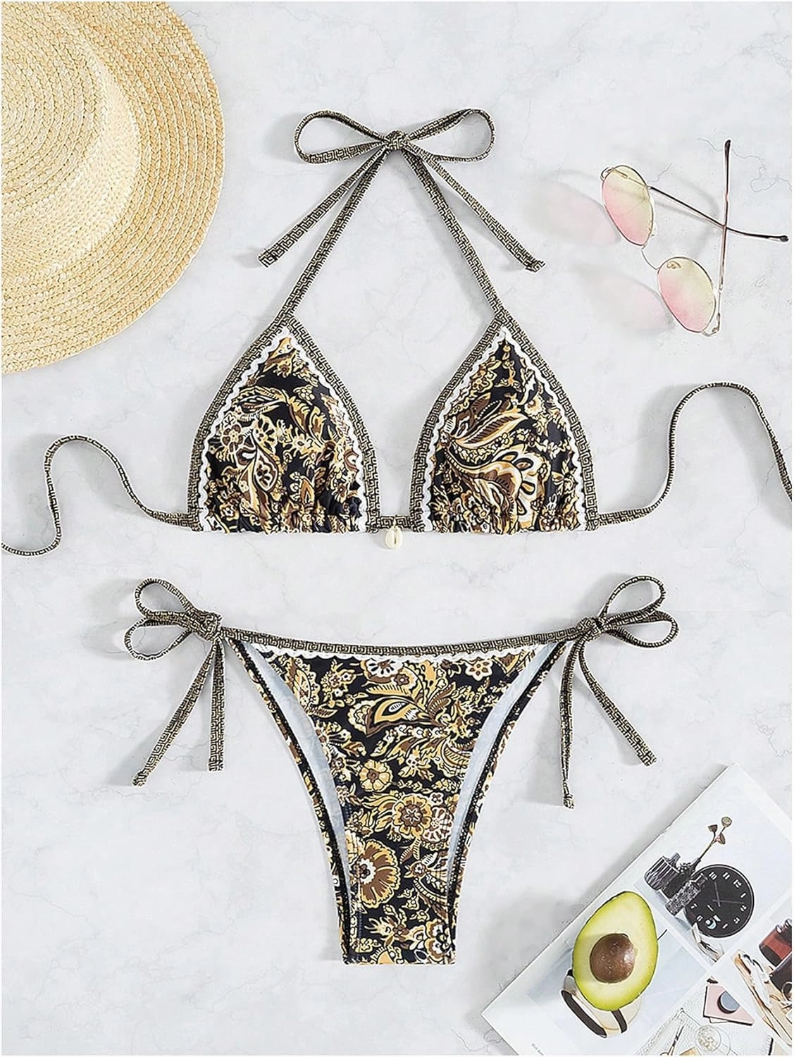 WDIRARA Women's 2 Piece Boho Swimsuits Floral Print Halter String Triangle Bikini Set Beach Bathing Suit