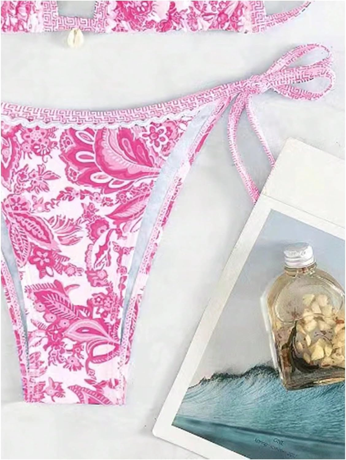 WDIRARA Women's 2 Piece Boho Swimsuits Floral Print Halter String Triangle Bikini Set Beach Bathing Suit