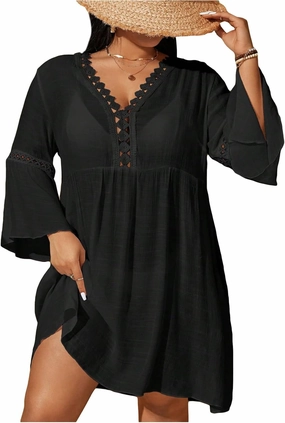 WDIRARA Women's Plus Size Boho Half Sleeve Cover Up V Neck Swimsuit Bikini Beach Dress