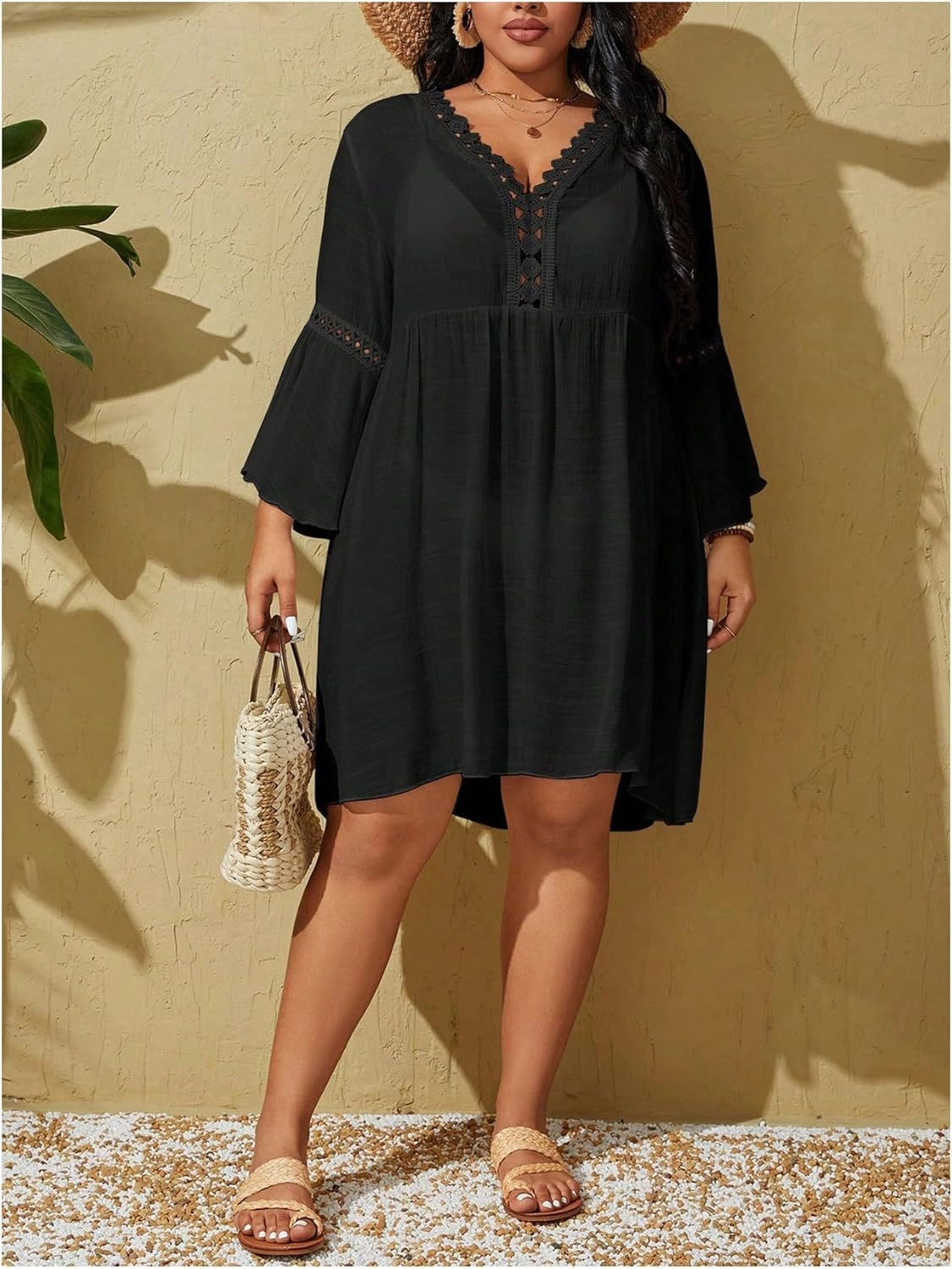 WDIRARA Women's Plus Size Boho Half Sleeve Cover Up V Neck Swimsuit Bikini Beach Dress