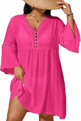 WDIRARA Women's Plus Size Boho Half Sleeve Cover Up V Neck Swimsuit Bikini Beach Dress