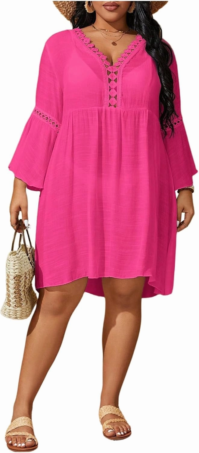 WDIRARA Women's Plus Size Boho Half Sleeve Cover Up V Neck Swimsuit Bikini Beach Dress