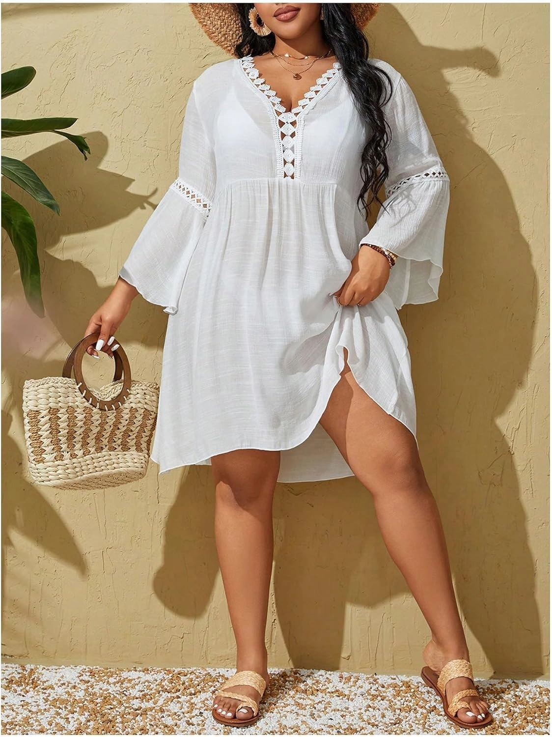 WDIRARA Women's Plus Size Boho Half Sleeve Cover Up V Neck Swimsuit Bikini Beach Dress