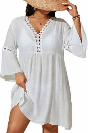 WDIRARA Women's Plus Size Boho Half Sleeve Cover Up V Neck Swimsuit Bikini Beach Dress