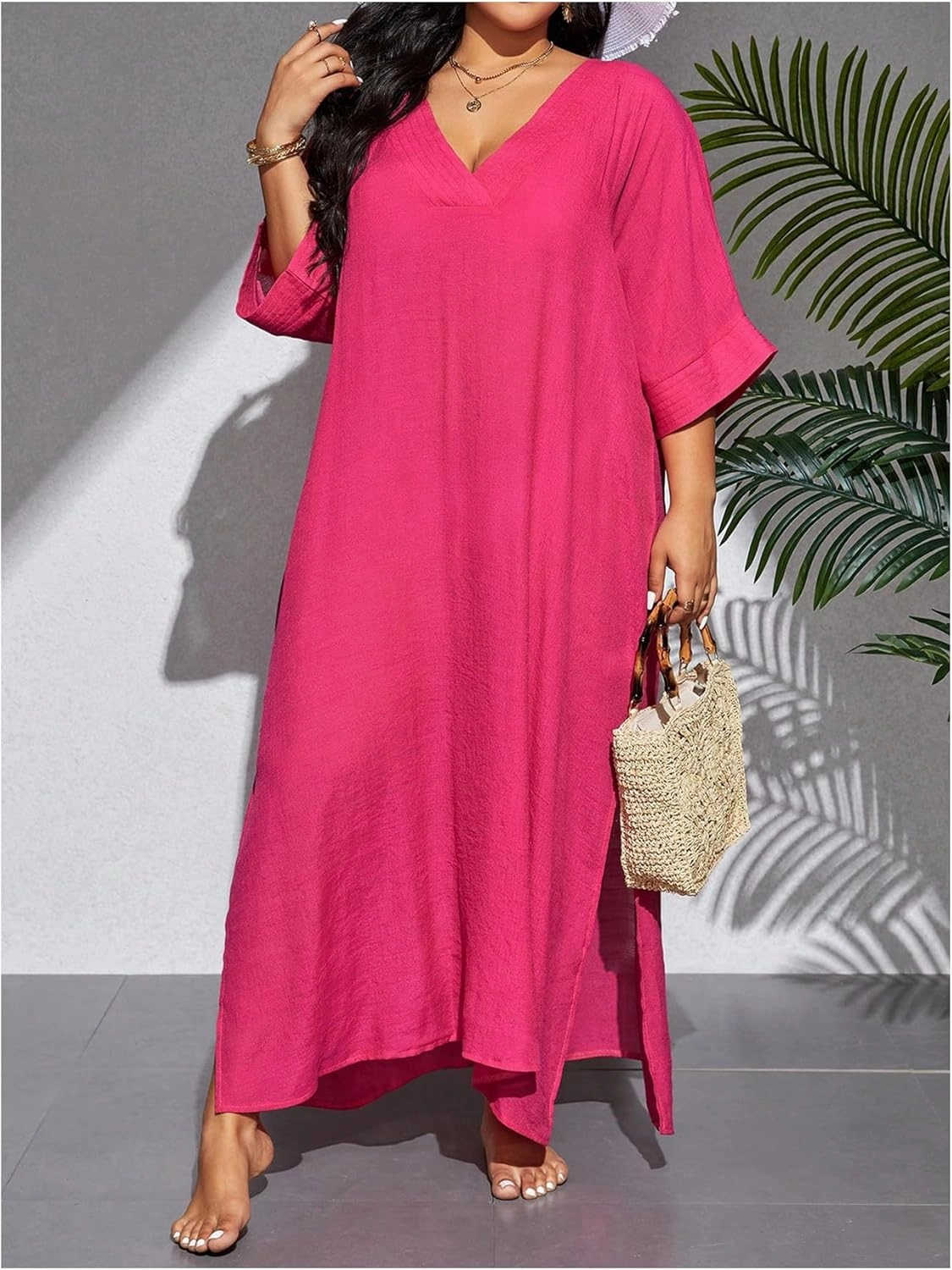 WDIRARA Women's Plus Size Swimwear V Neck Half Sleeve Split Side Cover Up Beach Dress
