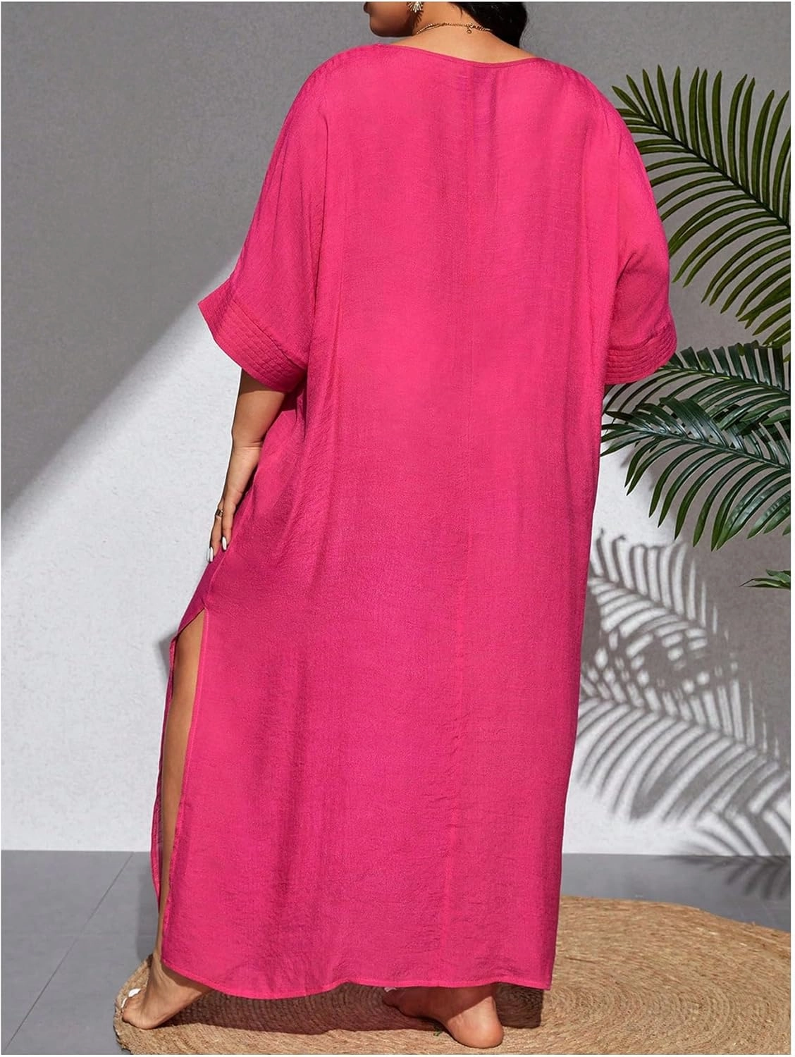 WDIRARA Women's Plus Size Swimwear V Neck Half Sleeve Split Side Cover Up Beach Dress