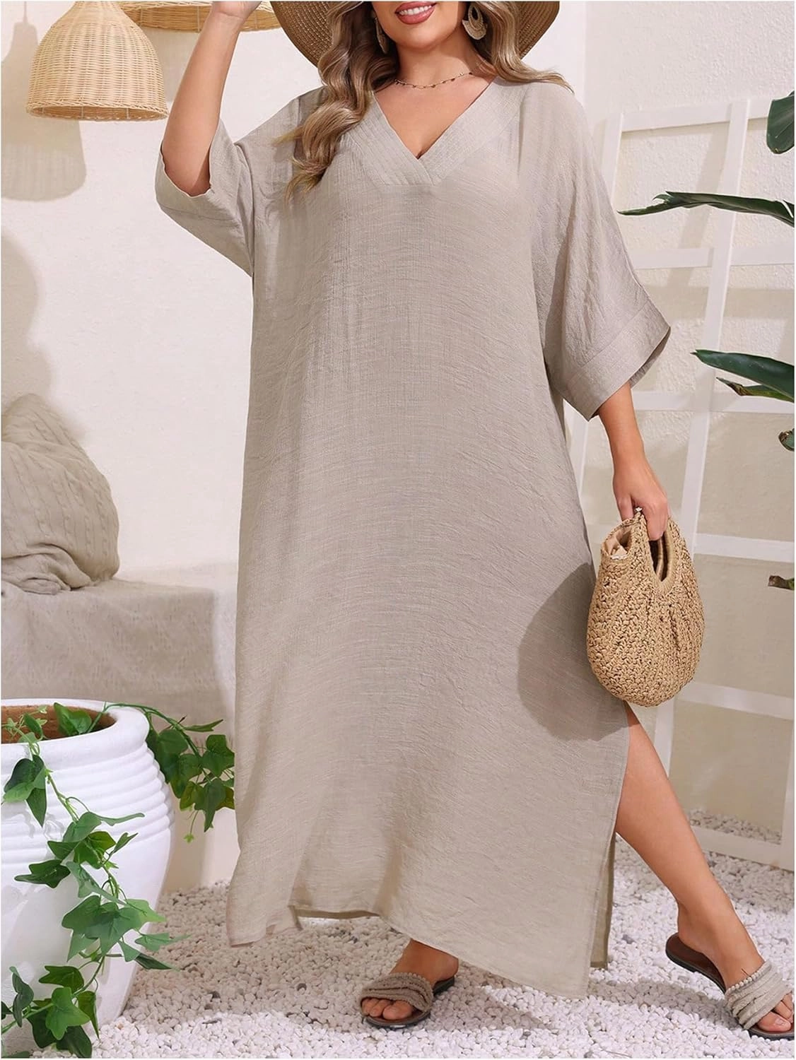 WDIRARA Women's Plus Size Swimwear V Neck Half Sleeve Split Side Cover Up Beach Dress
