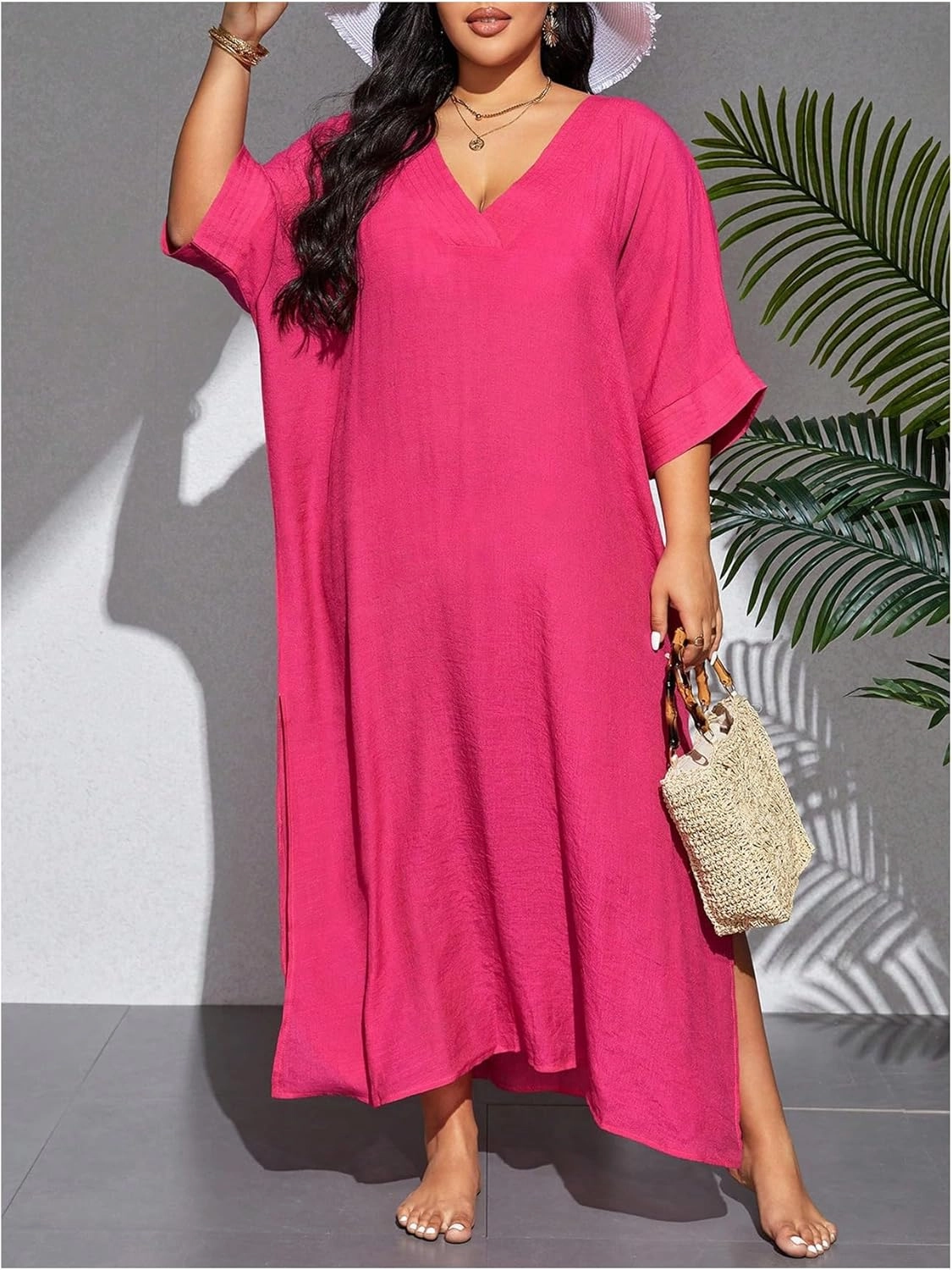 WDIRARA Women's Plus Size Swimwear V Neck Half Sleeve Split Side Cover Up Beach Dress