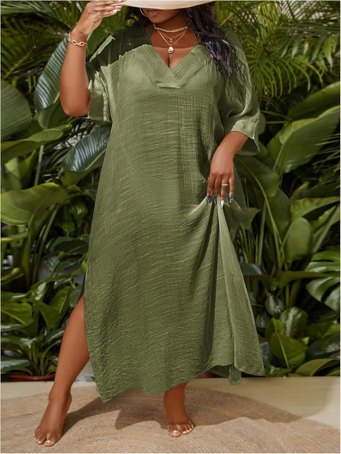 WDIRARA Women's Plus Size Swimwear V Neck Half Sleeve Split Side Cover Up Beach Dress