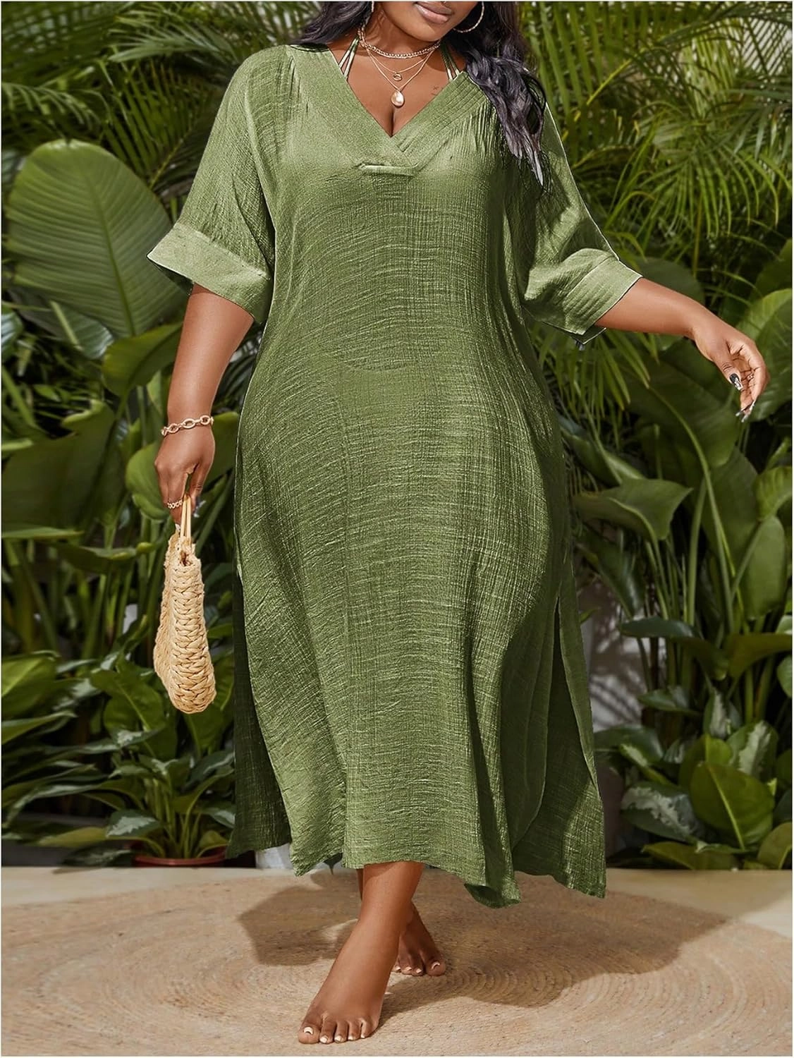 WDIRARA Women's Plus Size Swimwear V Neck Half Sleeve Split Side Cover Up Beach Dress