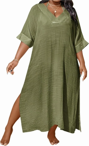 WDIRARA Women's Plus Size Swimwear V Neck Half Sleeve Split Side Cover Up Beach Dress