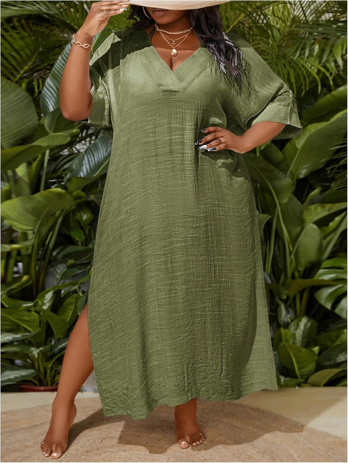 WDIRARA Women's Plus Size Swimwear V Neck Half Sleeve Split Side Cover Up Beach Dress