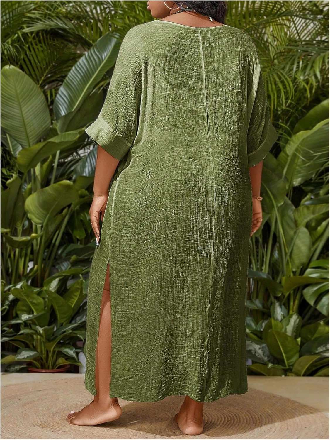 WDIRARA Women's Plus Size Swimwear V Neck Half Sleeve Split Side Cover Up Beach Dress