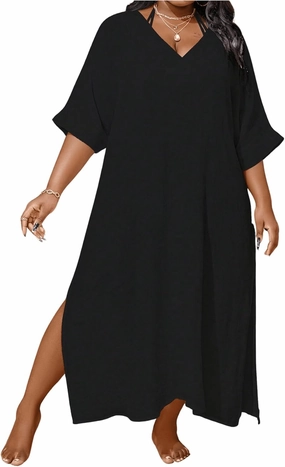 WDIRARA Women's Plus Size Swimwear V Neck Half Sleeve Split Side Cover Up Beach Dress