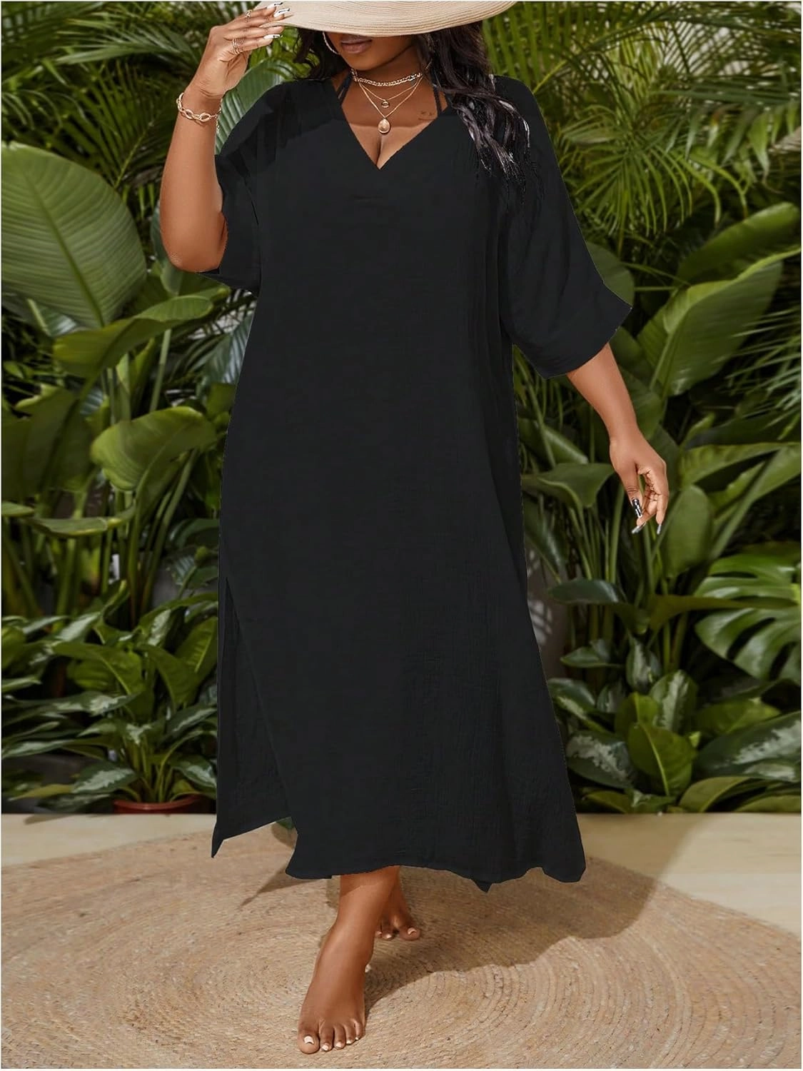 WDIRARA Women's Plus Size Swimwear V Neck Half Sleeve Split Side Cover Up Beach Dress