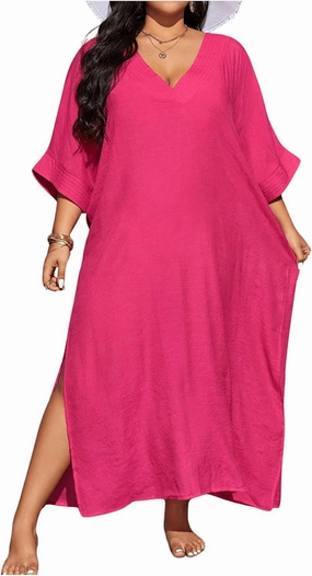 WDIRARA Women's Plus Size Swimwear V Neck Half Sleeve Split Side Cover Up Beach Dress