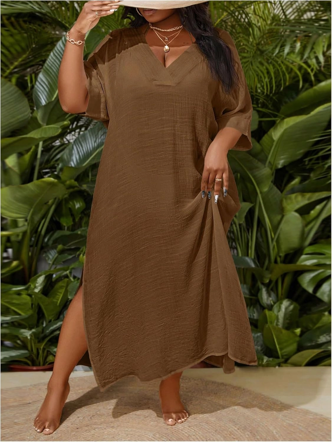 WDIRARA Women's Plus Size Swimwear V Neck Half Sleeve Split Side Cover Up Beach Dress