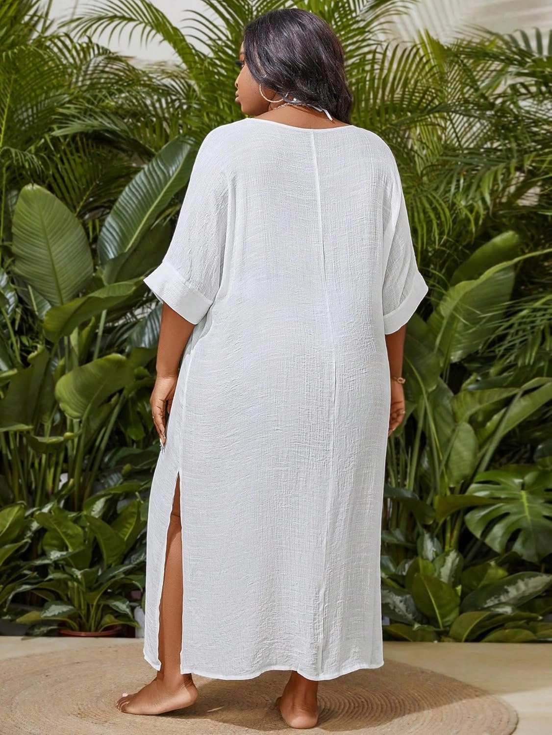 WDIRARA Women's Plus Size Swimwear V Neck Half Sleeve Split Side Cover Up Beach Dress