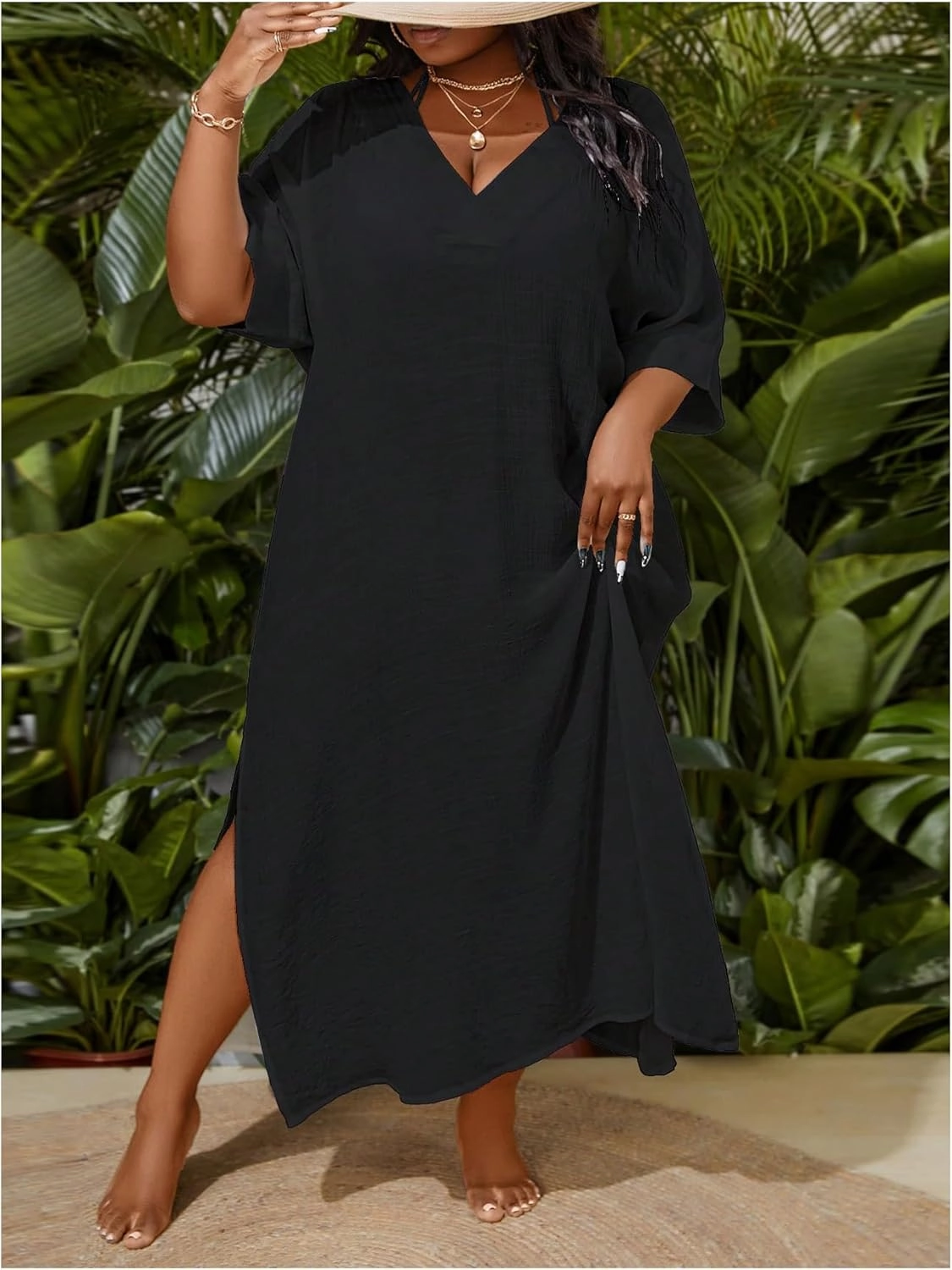 WDIRARA Women's Plus Size Swimwear V Neck Half Sleeve Split Side Cover Up Beach Dress