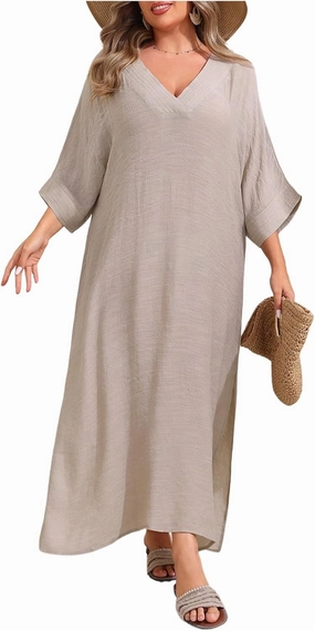 WDIRARA Women's Plus Size Swimwear V Neck Half Sleeve Split Side Cover Up Beach Dress