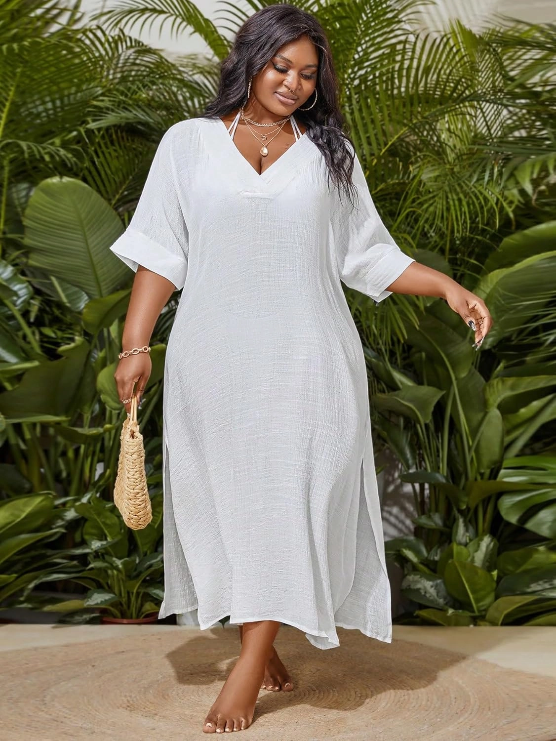 WDIRARA Women's Plus Size Swimwear V Neck Half Sleeve Split Side Cover Up Beach Dress