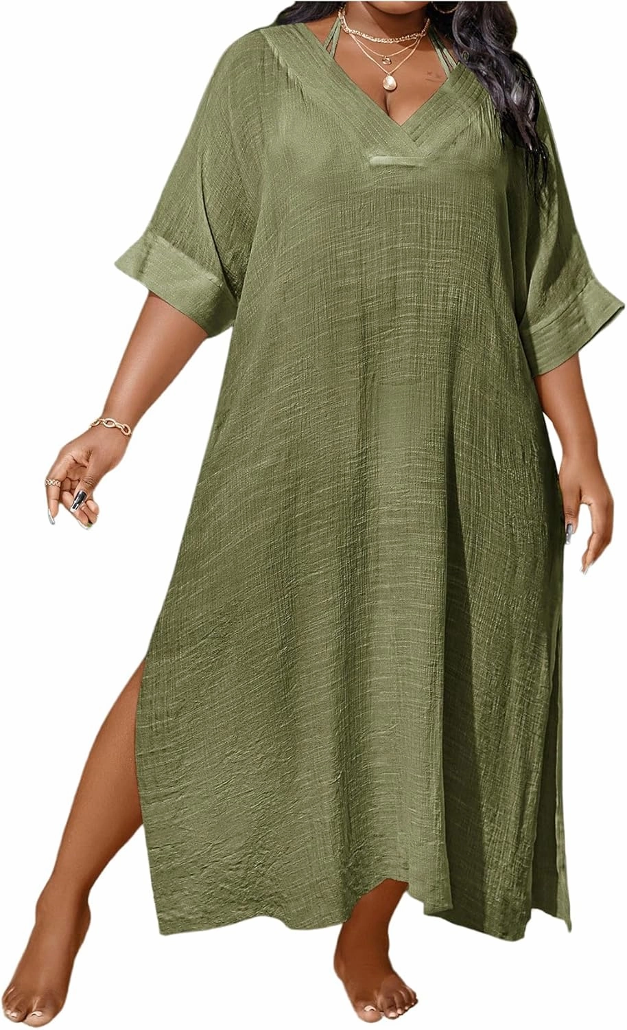 WDIRARA Women's Plus Size Swimwear V Neck Half Sleeve Split Side Cover Up Beach Dress