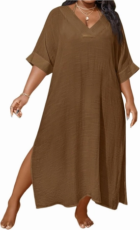 WDIRARA Women's Plus Size Swimwear V Neck Half Sleeve Split Side Cover Up Beach Dress