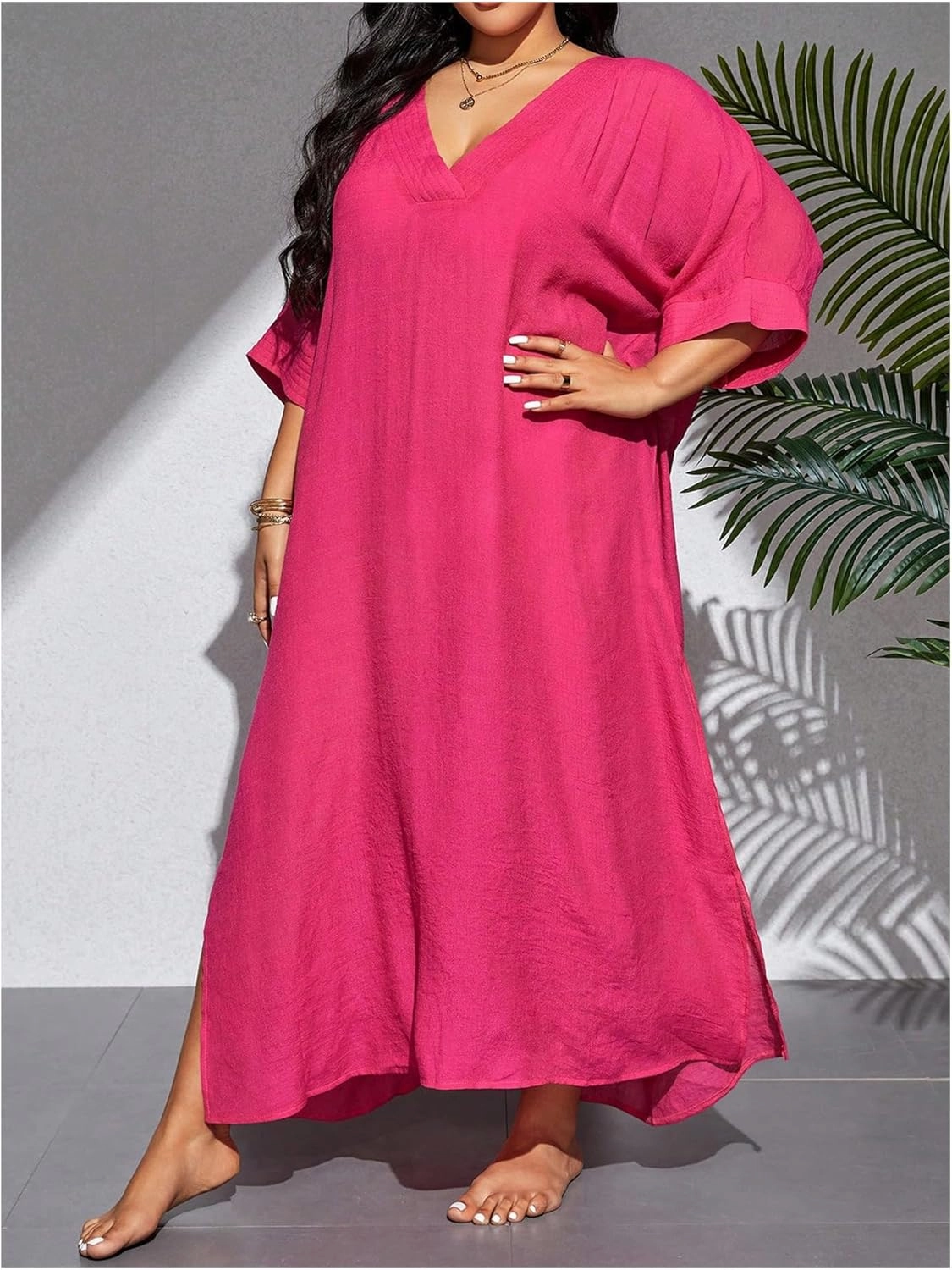 WDIRARA Women's Plus Size Swimwear V Neck Half Sleeve Split Side Cover Up Beach Dress