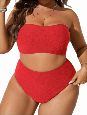 WDIRARA Women's Plus Size Textured Bandeau Bikini 2 Piece Set Summer High Waist Strapless Swimsuit Bathing Suits