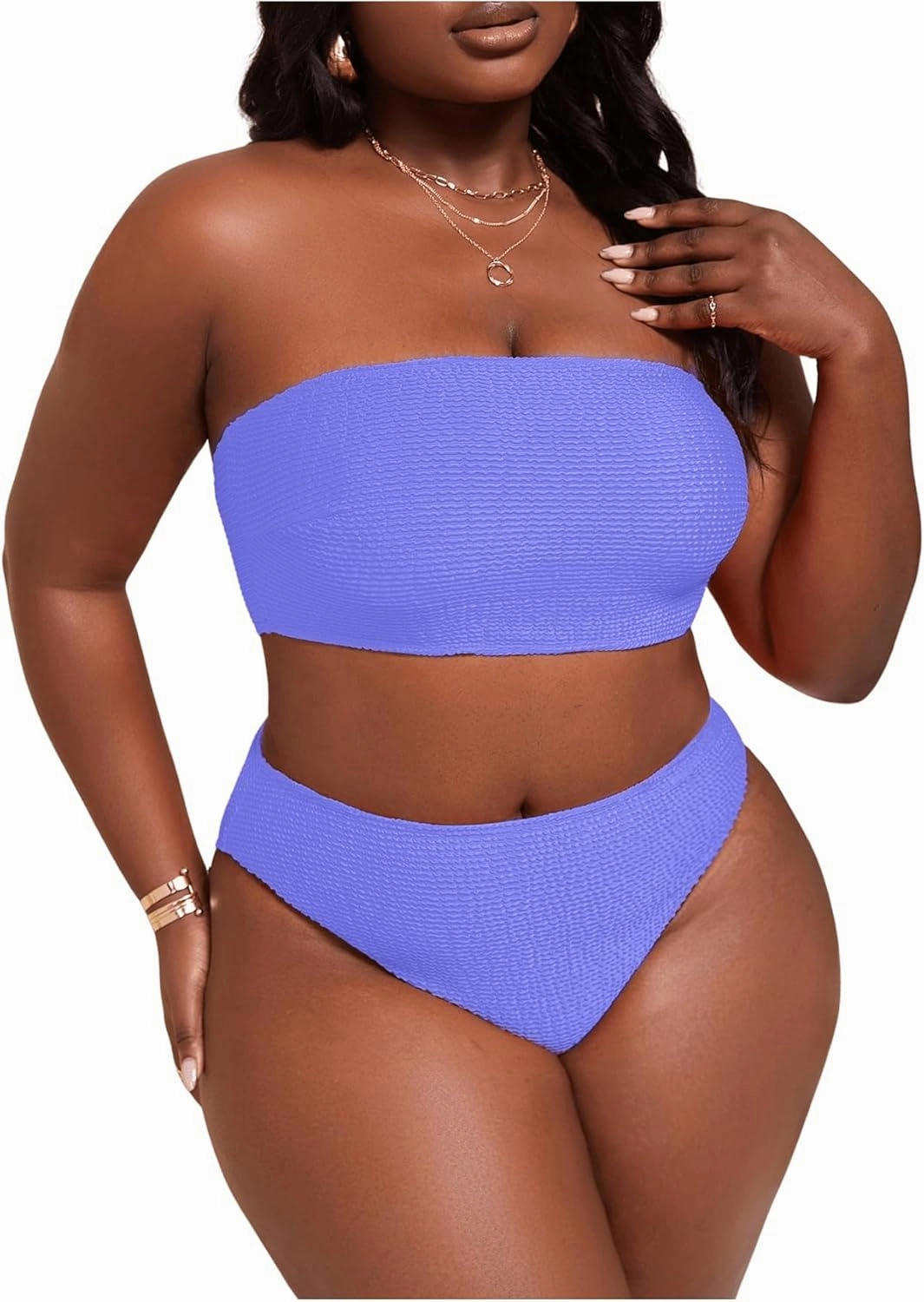 WDIRARA Women's Plus Size Textured Bandeau Bikini 2 Piece Set Summer High Waist Strapless Swimsuit Bathing Suits