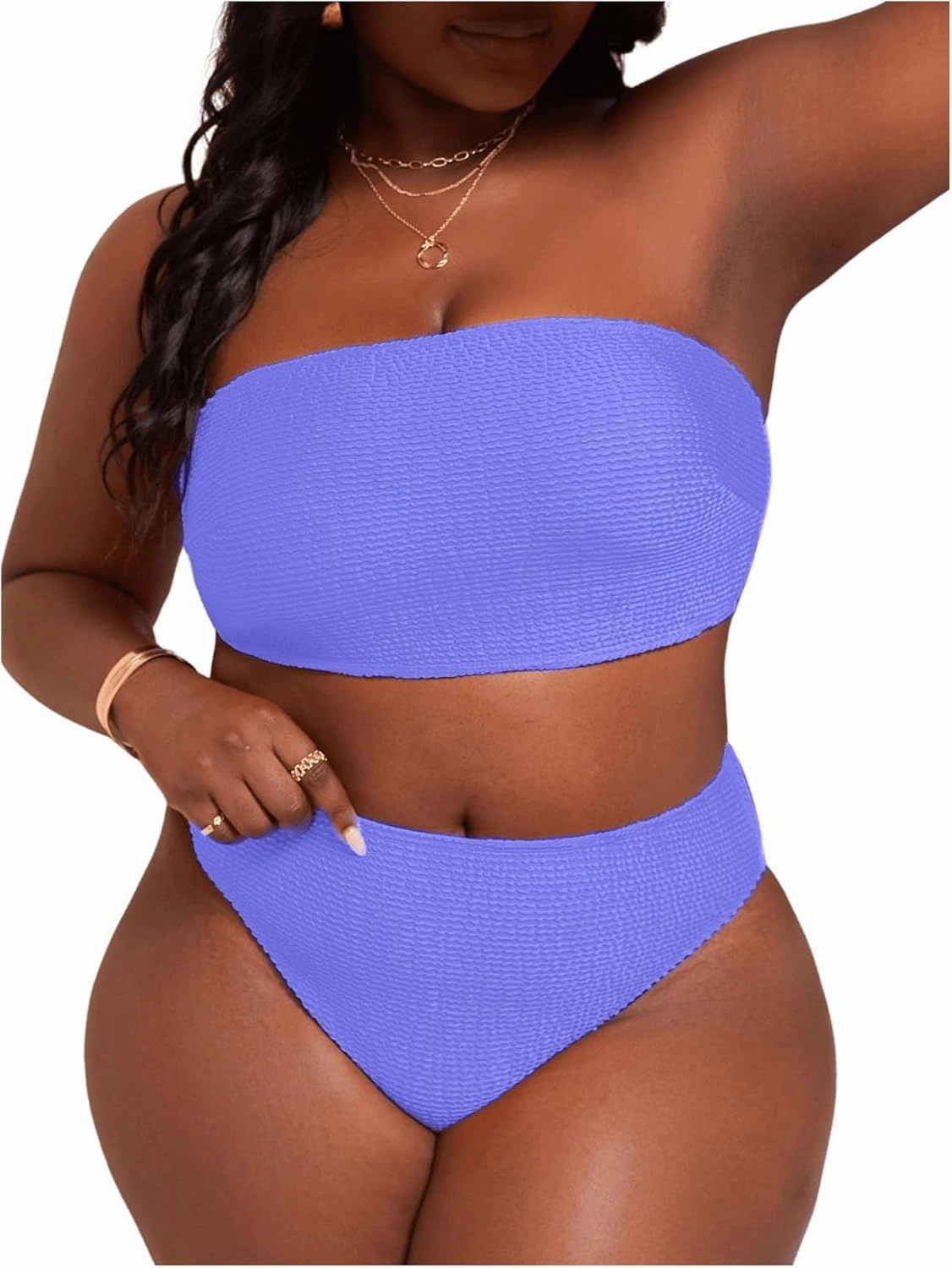 WDIRARA Women's Plus Size Textured Bandeau Bikini 2 Piece Set Summer High Waist Strapless Swimsuit Bathing Suits