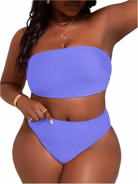 WDIRARA Women's Plus Size Textured Bandeau Bikini 2 Piece Set Summer High Waist Strapless Swimsuit Bathing Suits