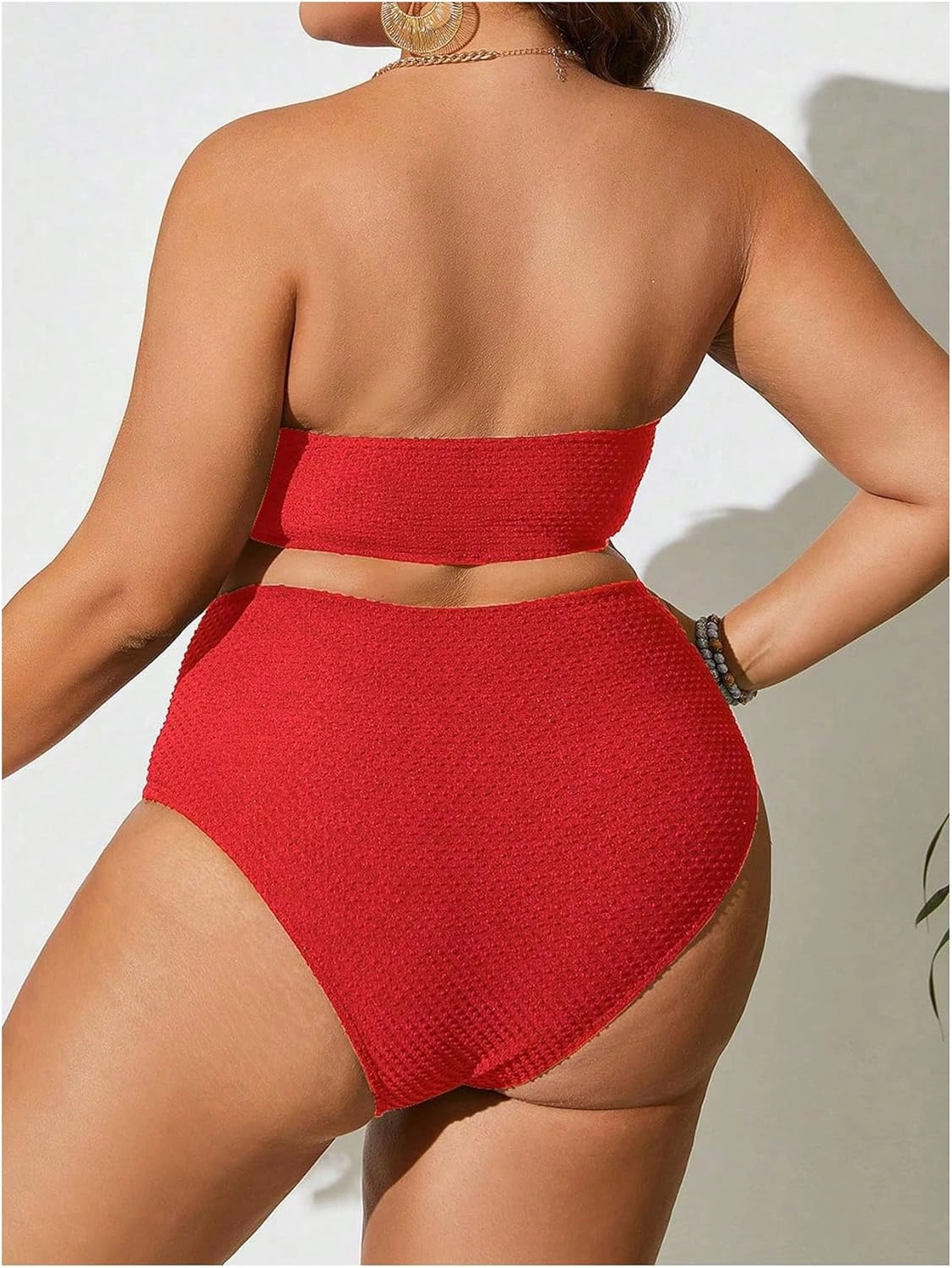 WDIRARA Women's Plus Size Textured Bandeau Bikini 2 Piece Set Summer High Waist Strapless Swimsuit Bathing Suits