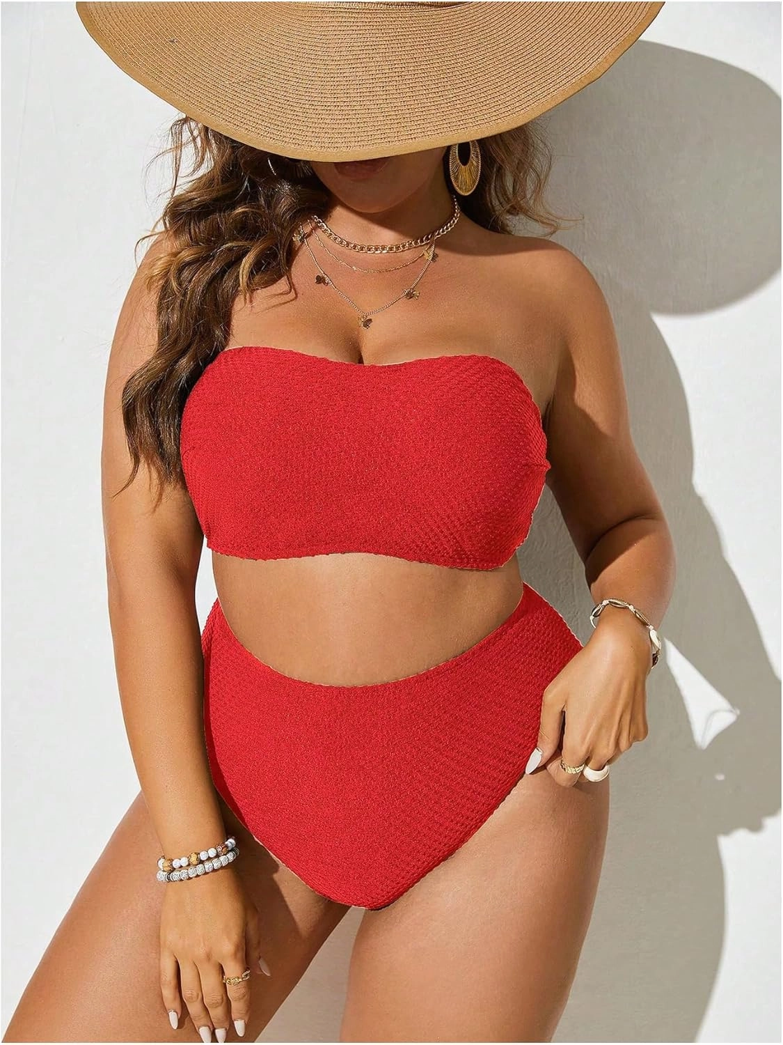 WDIRARA Women's Plus Size Textured Bandeau Bikini 2 Piece Set Summer High Waist Strapless Swimsuit Bathing Suits