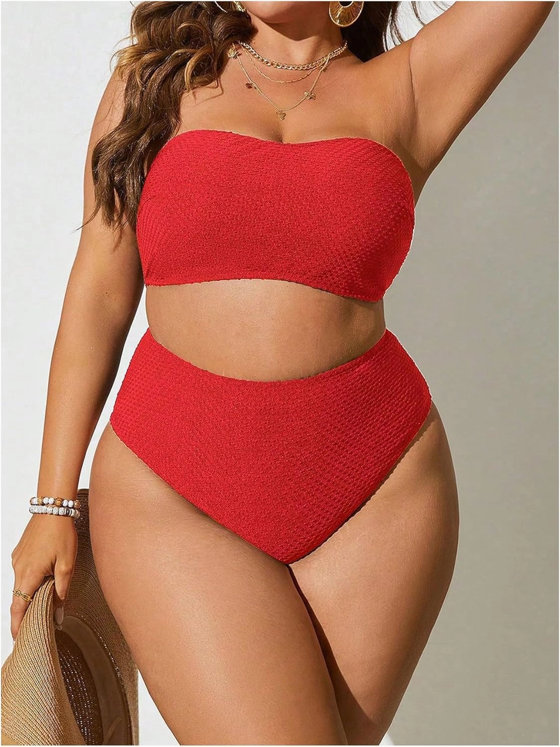 WDIRARA Women's Plus Size Textured Bandeau Bikini 2 Piece Set Summer High Waist Strapless Swimsuit Bathing Suits