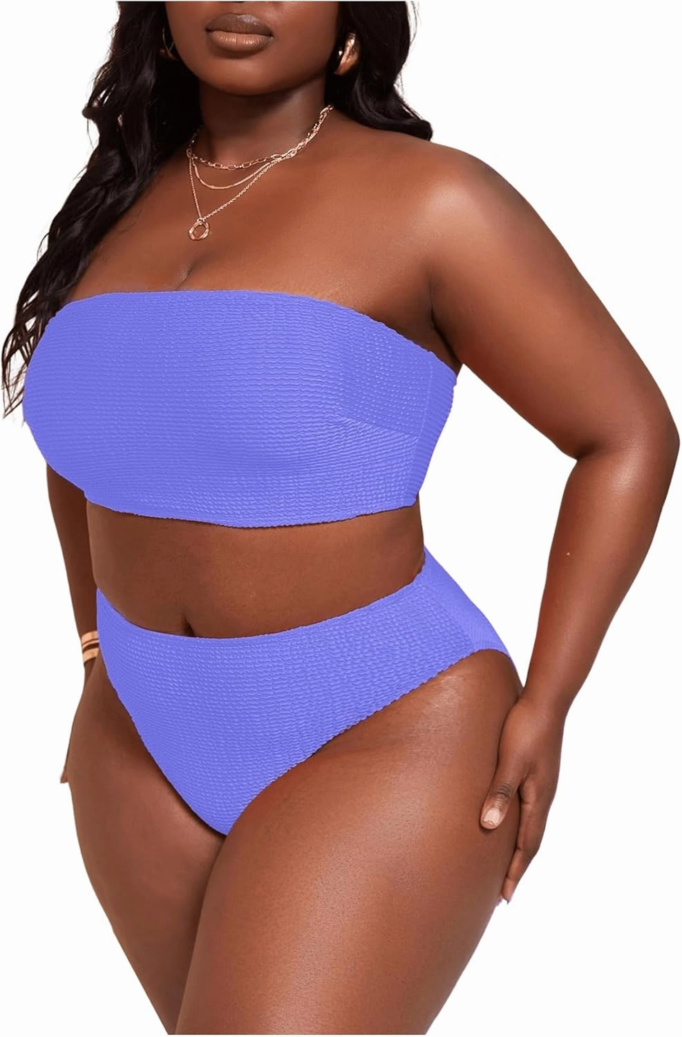 WDIRARA Women's Plus Size Textured Bandeau Bikini 2 Piece Set Summer High Waist Strapless Swimsuit Bathing Suits