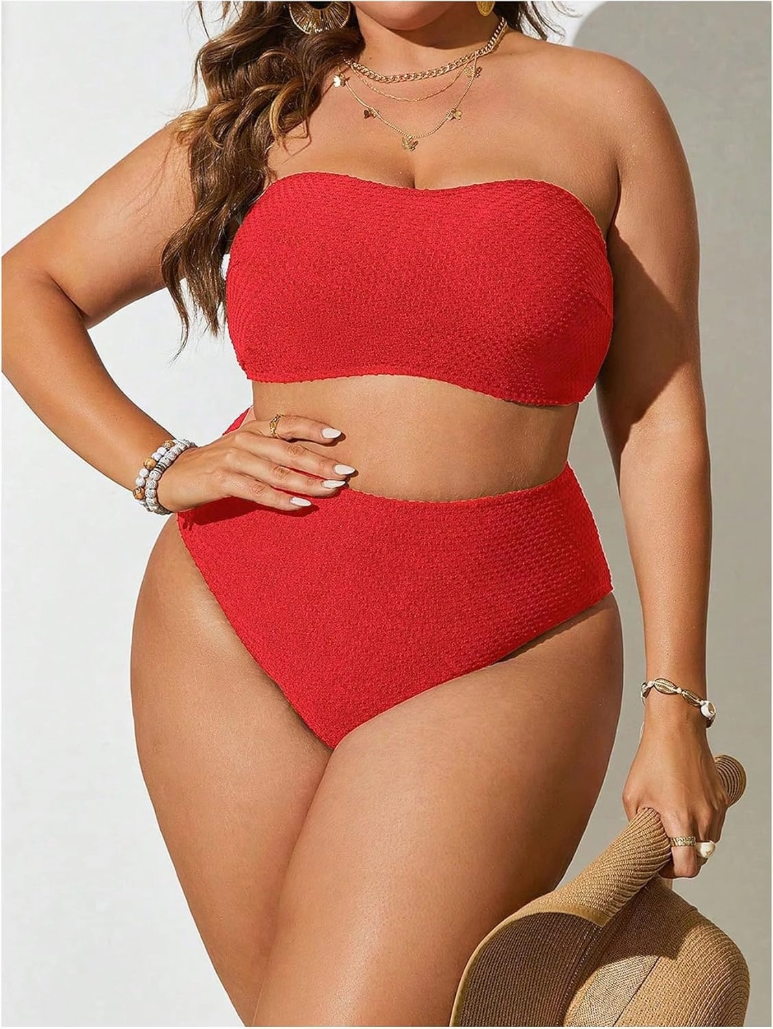 WDIRARA Women's Plus Size Textured Bandeau Bikini 2 Piece Set Summer High Waist Strapless Swimsuit Bathing Suits