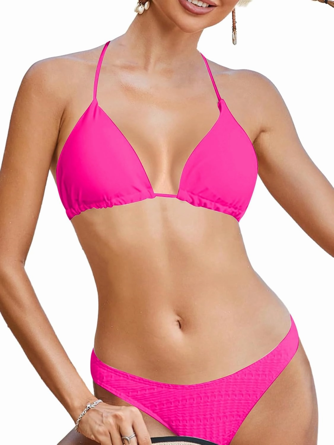 WDIRARA Women's Solid Triangle Bikini Top Sexy Halter String Micro Bathing Suits Tops
