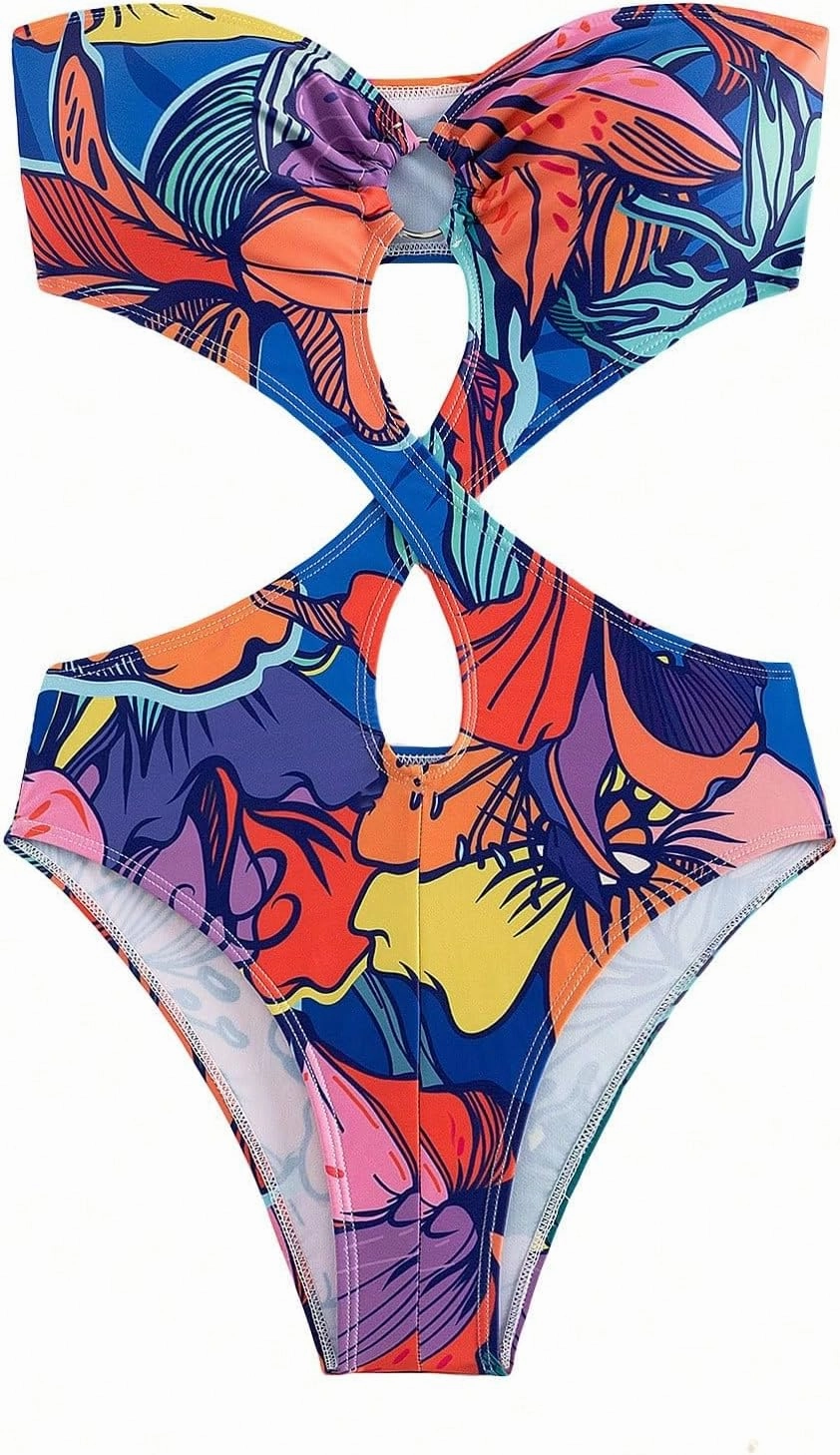 WDIRARA Women's Strapless Cut Out One Piece Swimsuit Tropical Print High Cut Swimsuit
