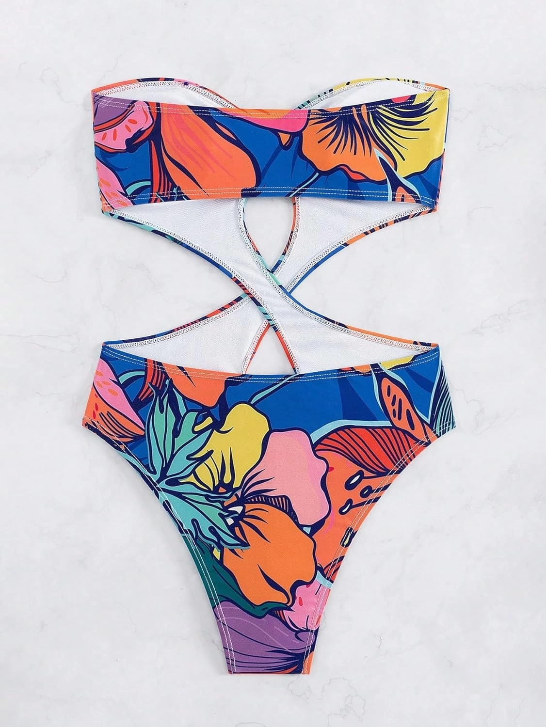 WDIRARA Women's Strapless Cut Out One Piece Swimsuit Tropical Print High Cut Swimsuit