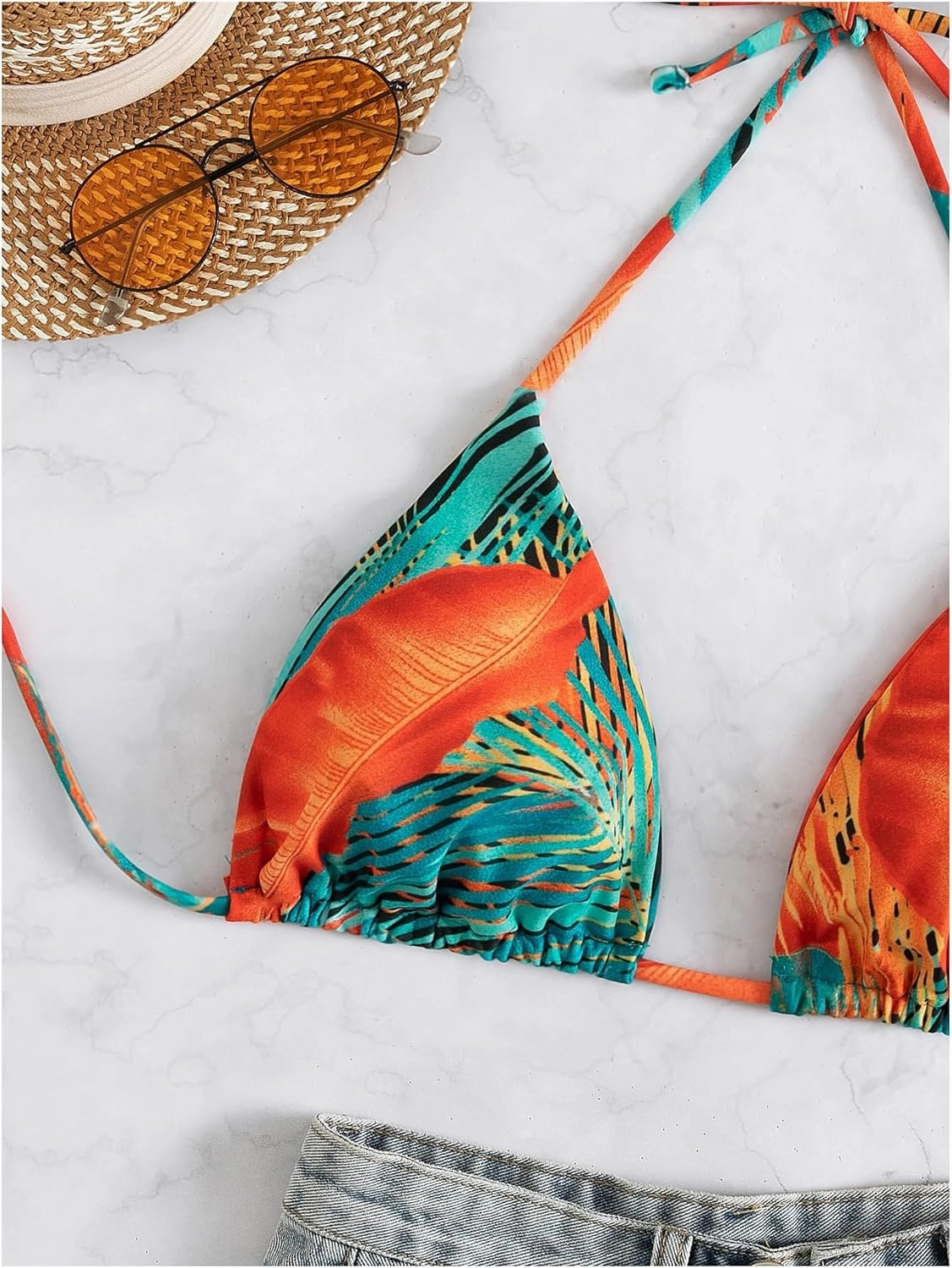 WDIRARA Women's Tropical Print Halter Bikini Top Tie Backless Swim Top