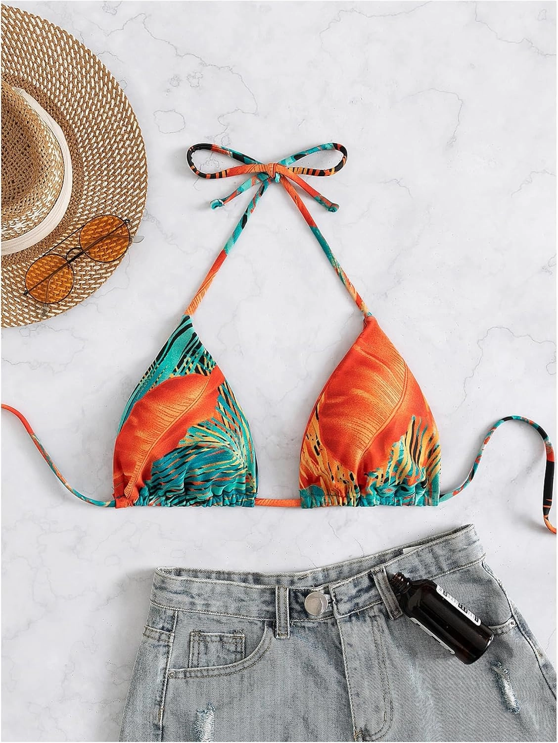WDIRARA Women's Tropical Print Halter Bikini Top Tie Backless Swim Top