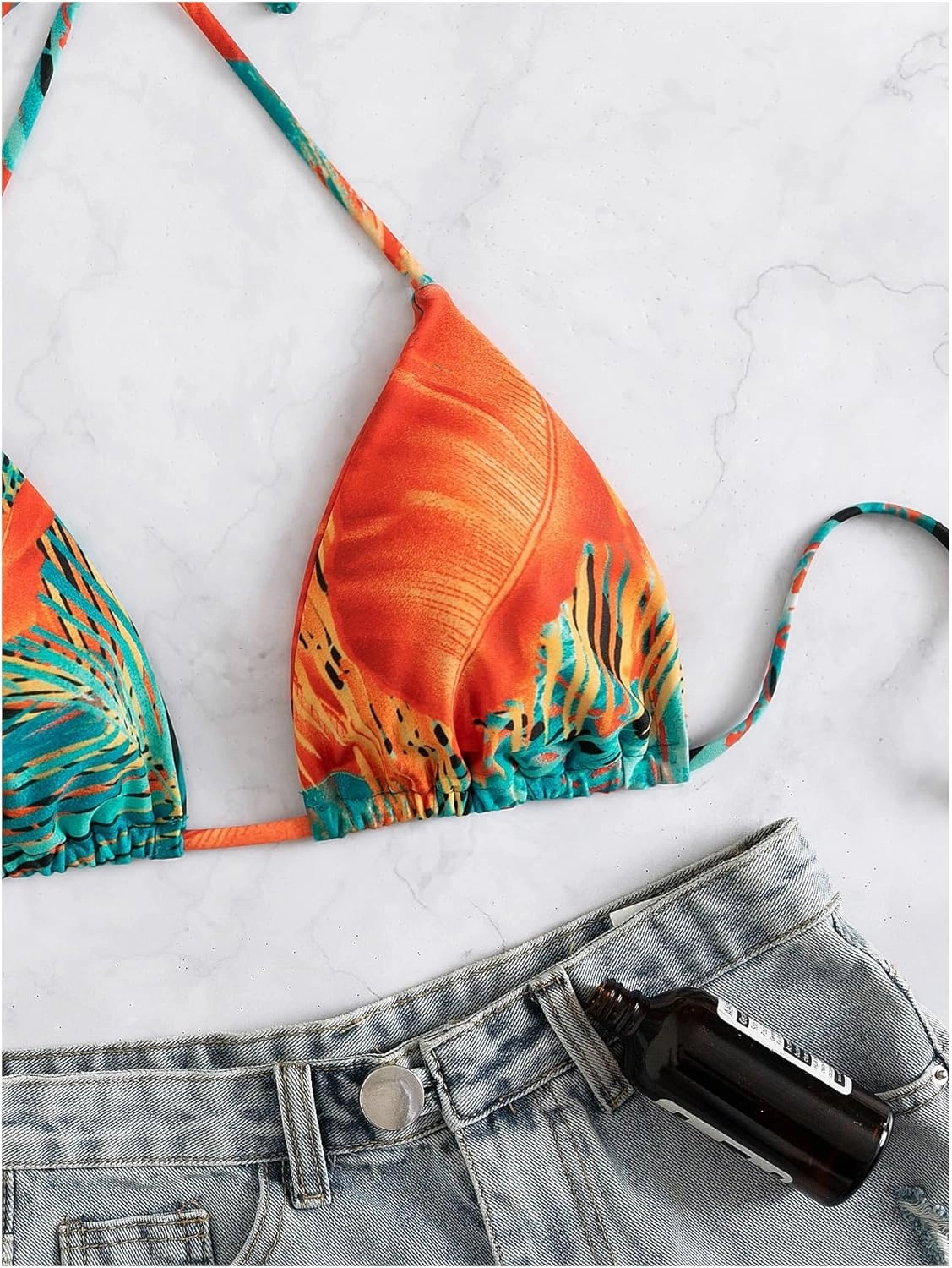 WDIRARA Women's Tropical Print Halter Bikini Top Tie Backless Swim Top