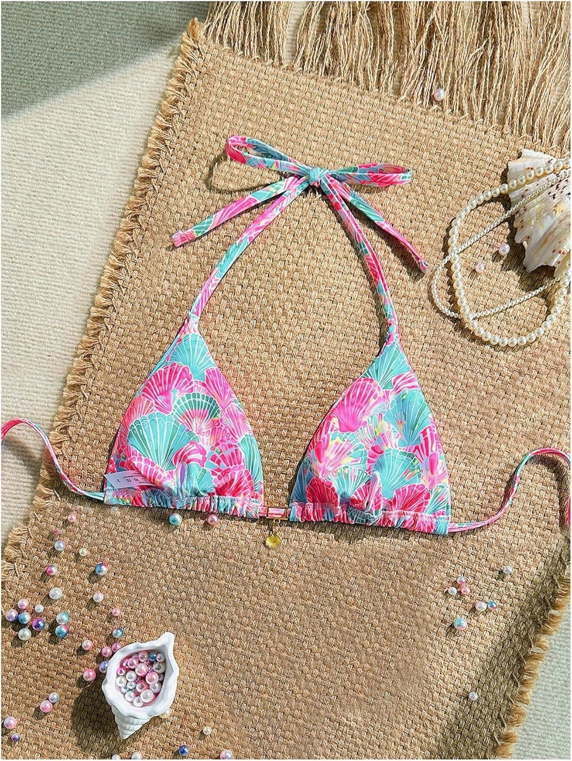 WDIRARA Women's Tropical Print Halter Bikini Top Tie Backless Swim Top