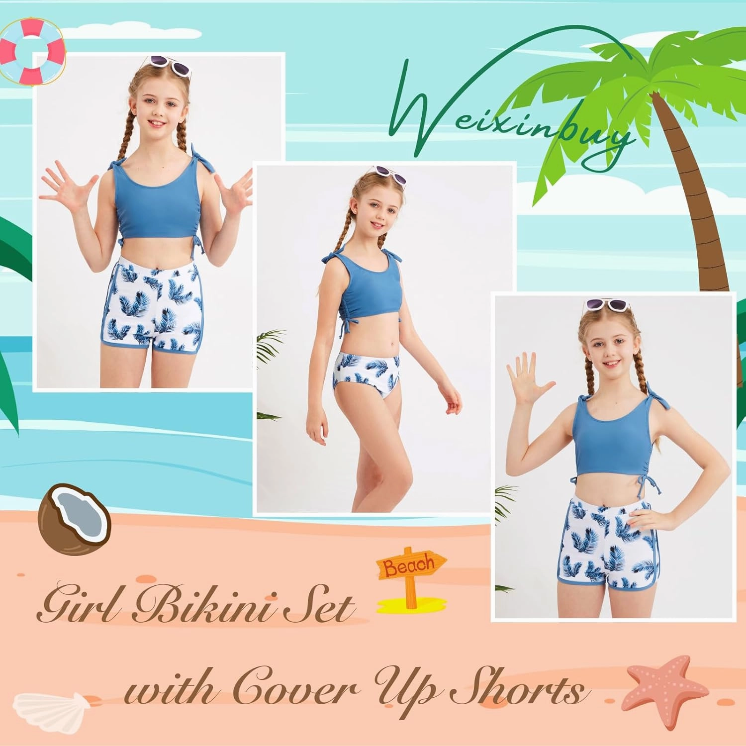 Weixinbuy Girls Swimsuit Bikini Set 3 Piece Kids Tropical Print Swimwear with Shorts Bathing Suit for Teens 9-16 Years