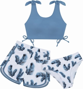 Weixinbuy Girls Swimsuit Bikini Set 3 Piece Kids Tropical Print Swimwear with Shorts Bathing Suit for Teens 9-16 Years