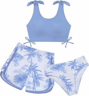 Weixinbuy Girls Swimsuit Bikini Set 3 Piece Kids Tropical Print Swimwear with Shorts Bathing Suit for Teens 9-16 Years