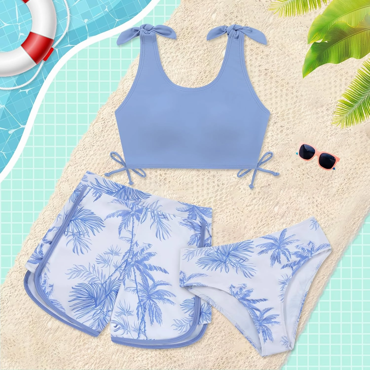 Weixinbuy Girls Swimsuit Bikini Set 3 Piece Kids Tropical Print Swimwear with Shorts Bathing Suit for Teens 9-16 Years