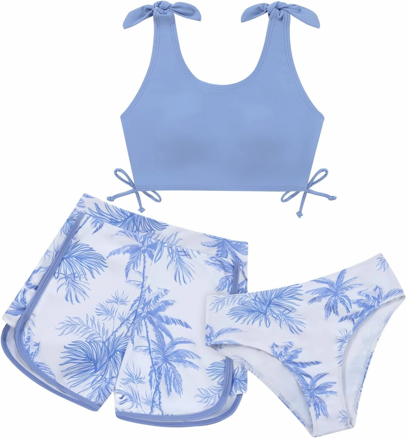 Weixinbuy Girls Swimsuit Bikini Set 3 Piece Kids Tropical Print Swimwear with Shorts Bathing Suit for Teens 9-16 Years